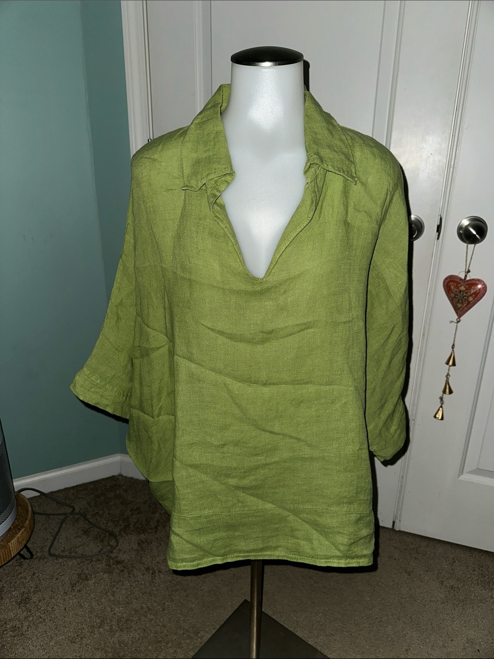 Relaxed V-Neck Linen Tunic in Olive Green